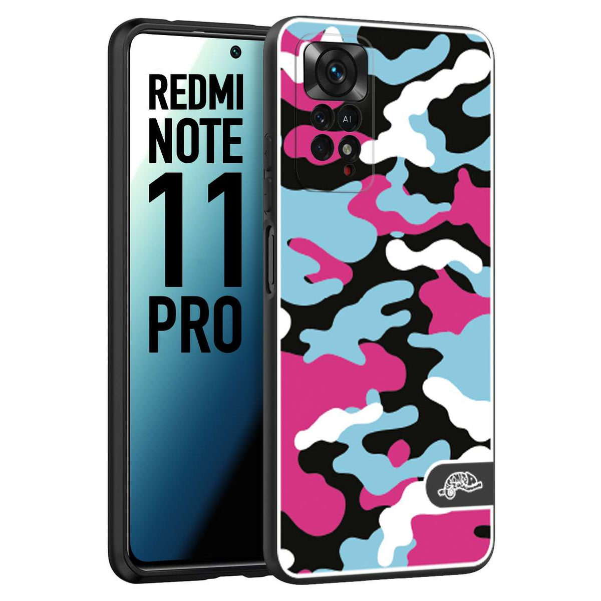 CUSTOMIZZA - Custodia cover nera morbida in tpu compatibile per Xiaomi Redmi Note 11 PRO camouflage mimetico militare fucsia celeste