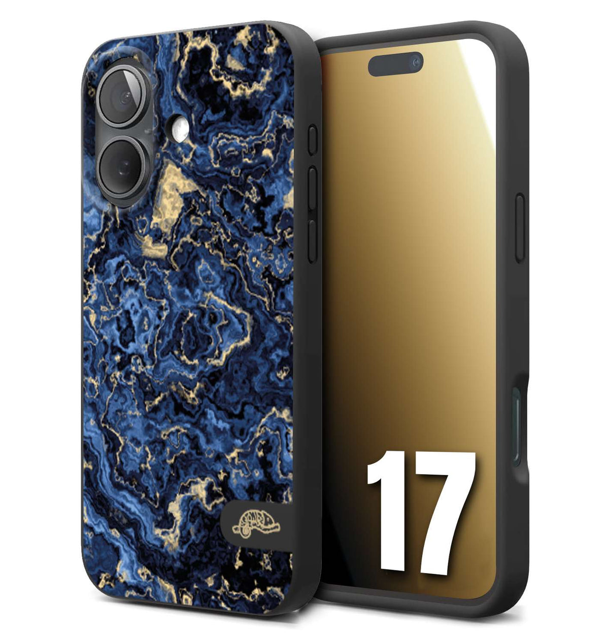 CUSTOMIZZA - Custodia cover nera morbida in tpu compatibile per iPhone 17 effetto marmo marble blu venature dorato psichedelico