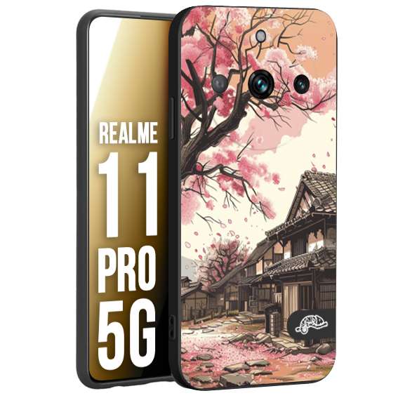 CUSTOMIZZA - Custodia cover nera morbida in tpu compatibile per Realme 11 PRO 5G casa giapponese rosa ciliegio in fiore disegnata tattoo