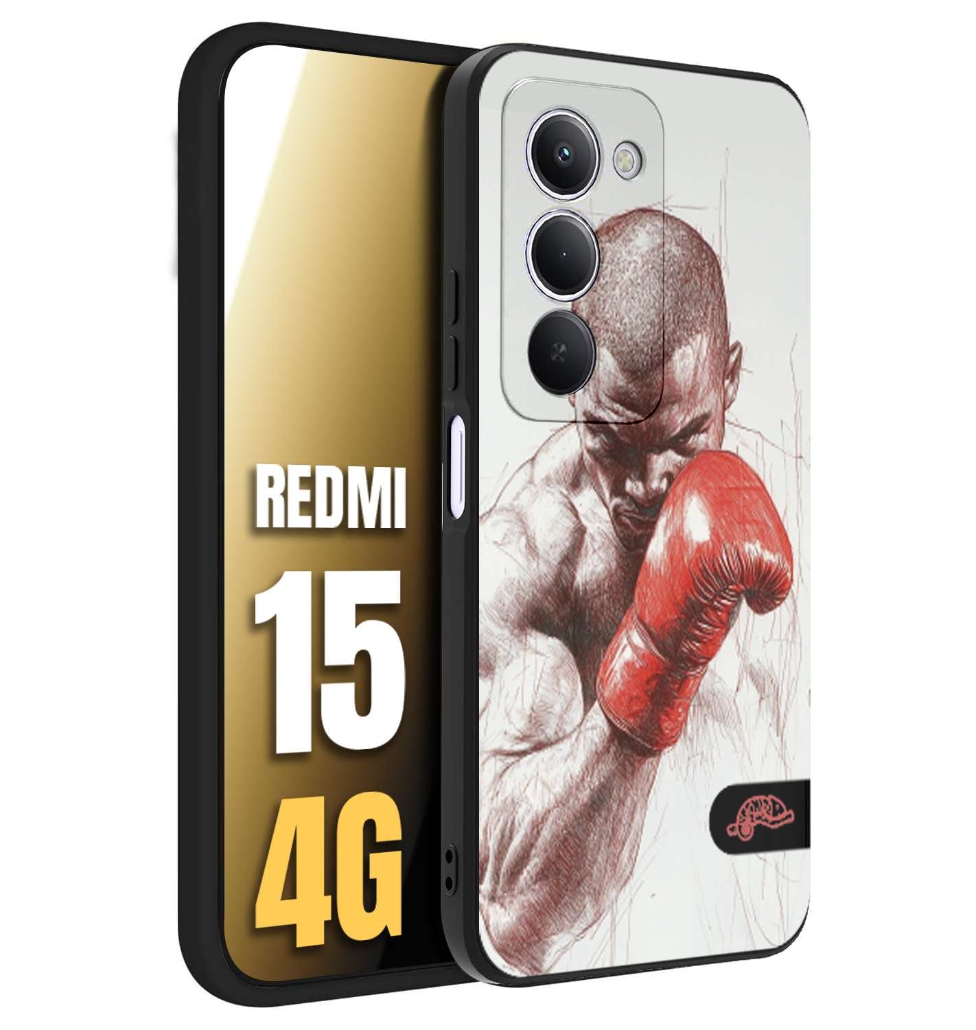 CUSTOMIZZA - Custodia cover nera morbida in tpu compatibile per Xiaomi Redmi 15 4G pugilato pugili disegno tattoo guantoni box sport primo piano