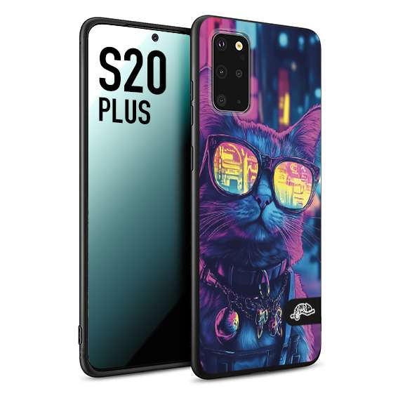 CUSTOMIZZA - Custodia cover nera morbida in tpu compatibile per Samsung S20 PLUS animali cyberpunk gatto street cat fucsia blu giallo