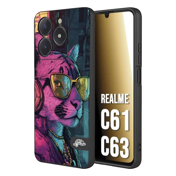 CUSTOMIZZA - Custodia cover nera morbida in tpu compatibile per Realme C61 - C63 animali cyberpunk pantera street cat fucsia blu giallo