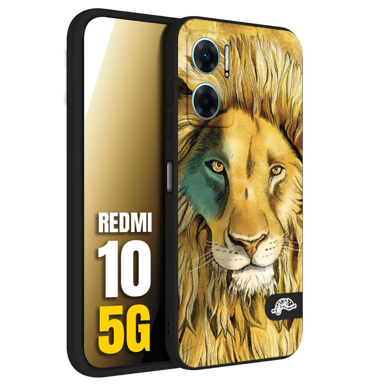 CUSTOMIZZA - Custodia cover nera morbida in tpu compatibile per Xiaomi Redmi 10 5G leone lion disegnato a mano giallo blu a rilievo artistico brown