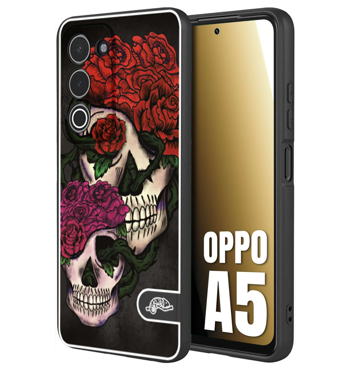 CUSTOMIZZA - Custodia cover nera morbida in tpu compatibile per Oppo A5 teschi e rose rosse fucsia skull and roses