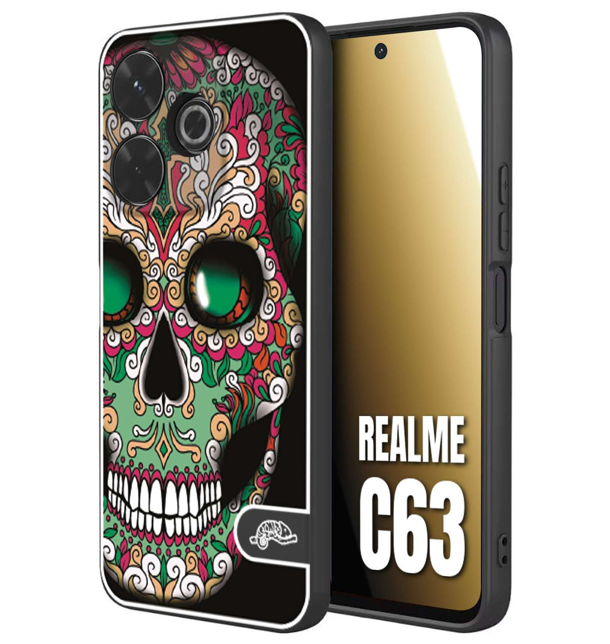 CUSTOMIZZA - Custodia cover nera morbida in tpu compatibile per Realme C63 teschio messicano Mexican skull verde fucsia