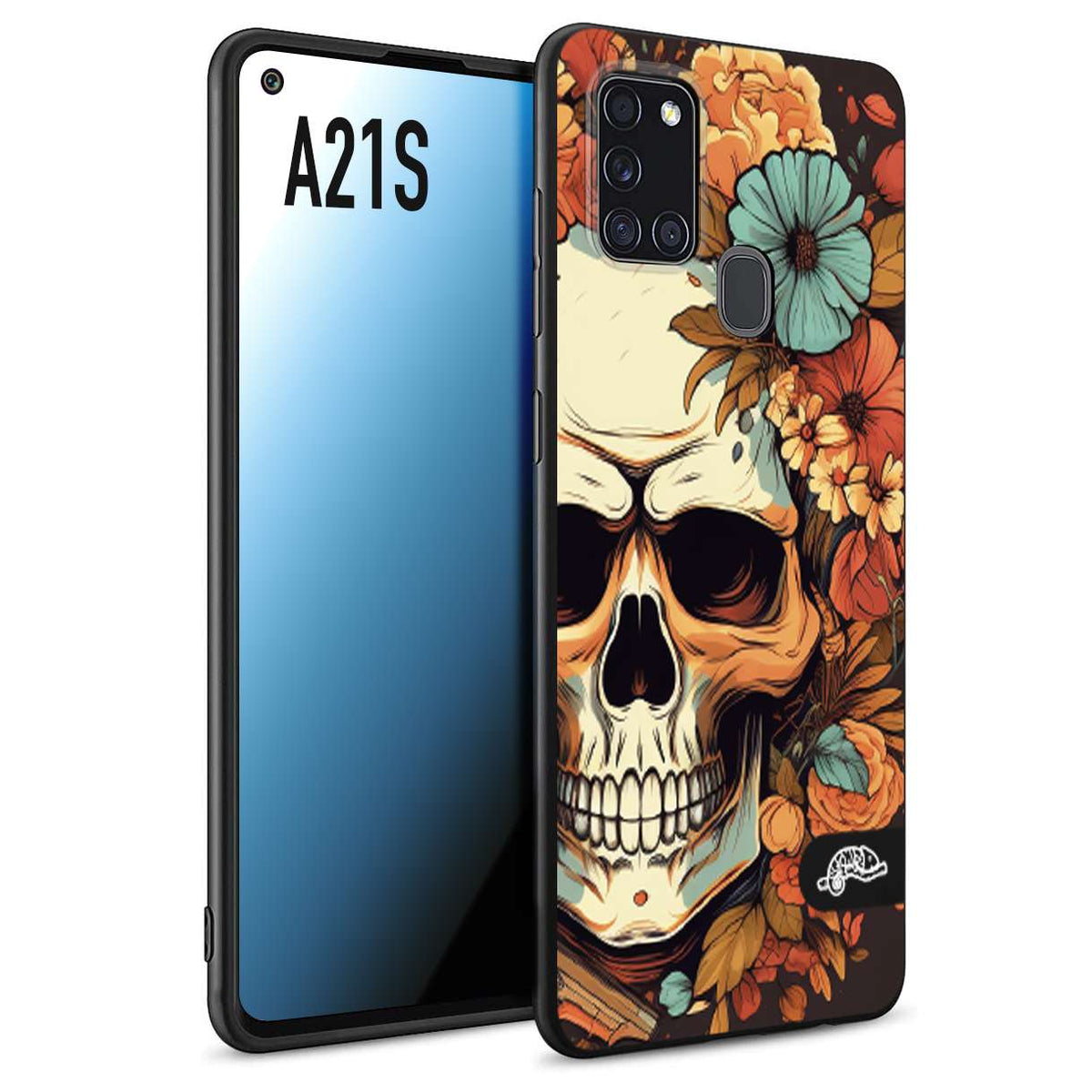 CUSTOMIZZA - Custodia cover nera morbida in tpu compatibile per Samsung A21S teschio skull flowers fiori autunnali arancio celeste tattoo