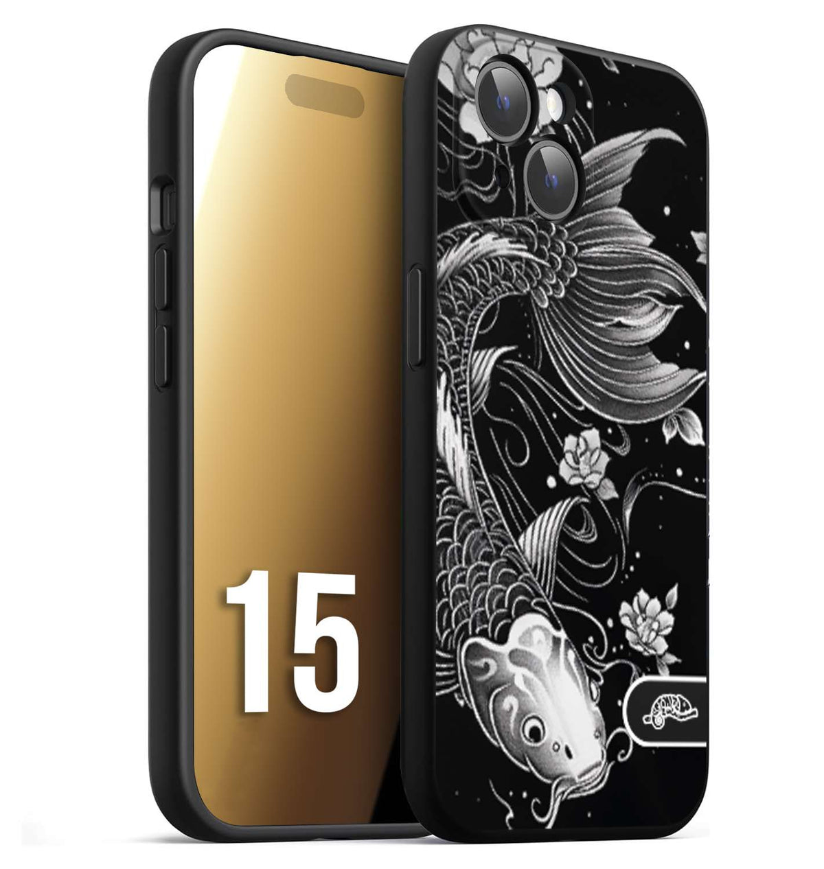 CUSTOMIZZA - Custodia cover nera morbida in tpu compatibile per iPhone 15 carpa koi black and white bianco a rilievo disegnato tattoo tatuaggio