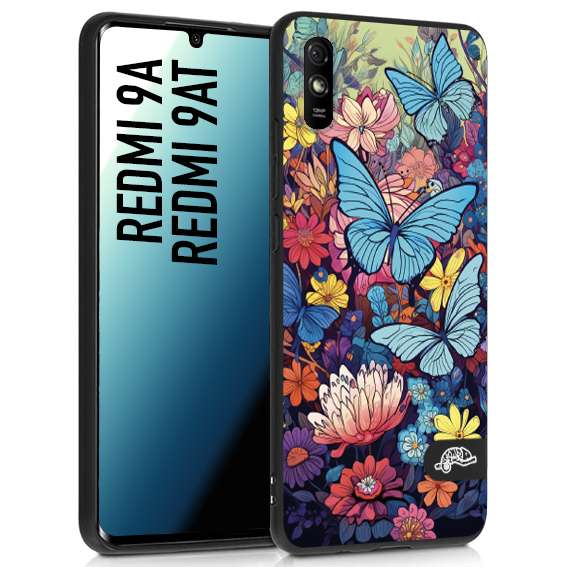 CUSTOMIZZA - Custodia cover nera morbida in tpu compatibile per Xiaomi Redmi 9A - 9AT farfalle butterfly moderno donna disegnate gialla blu rosa