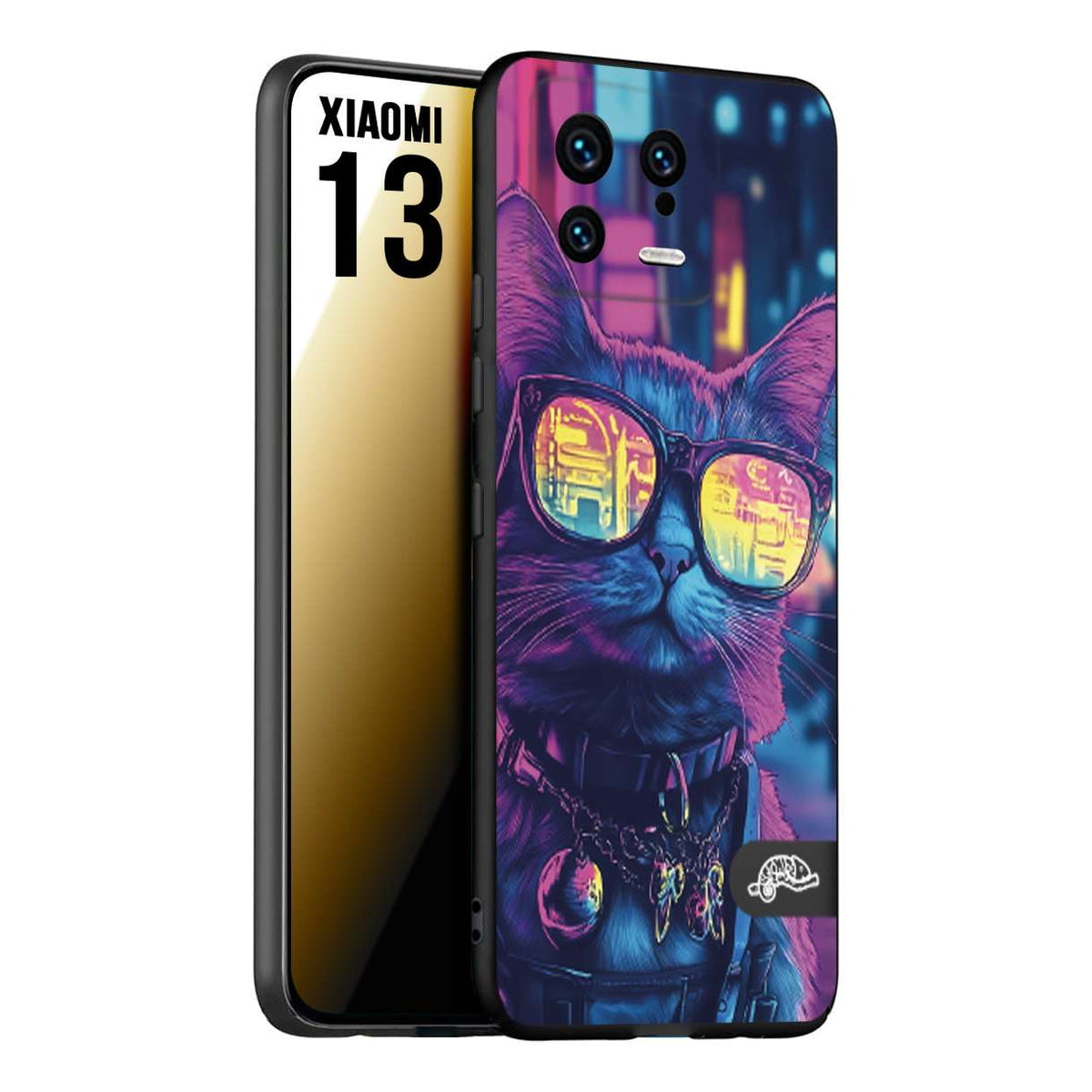 CUSTOMIZZA - Custodia cover nera morbida in tpu compatibile per Xiaomi 13 animali cyberpunk gatto street cat fucsia blu giallo