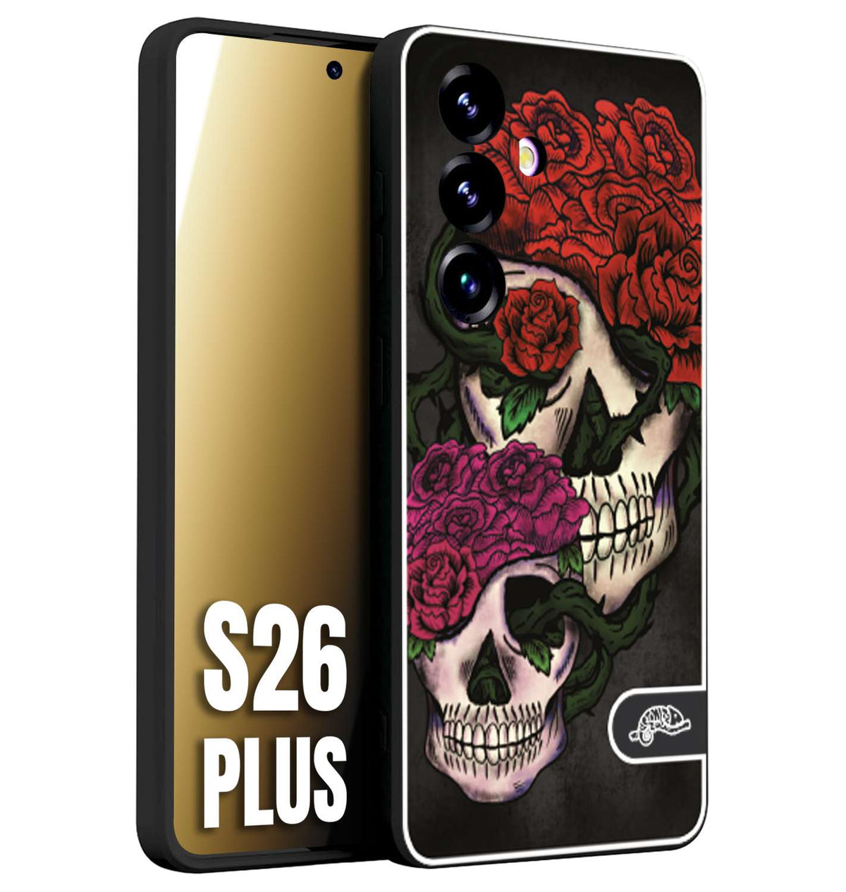 CUSTOMIZZA - Custodia cover nera morbida in tpu compatibile per Samsung S26 PLUS teschi e rose rosse fucsia skull and roses