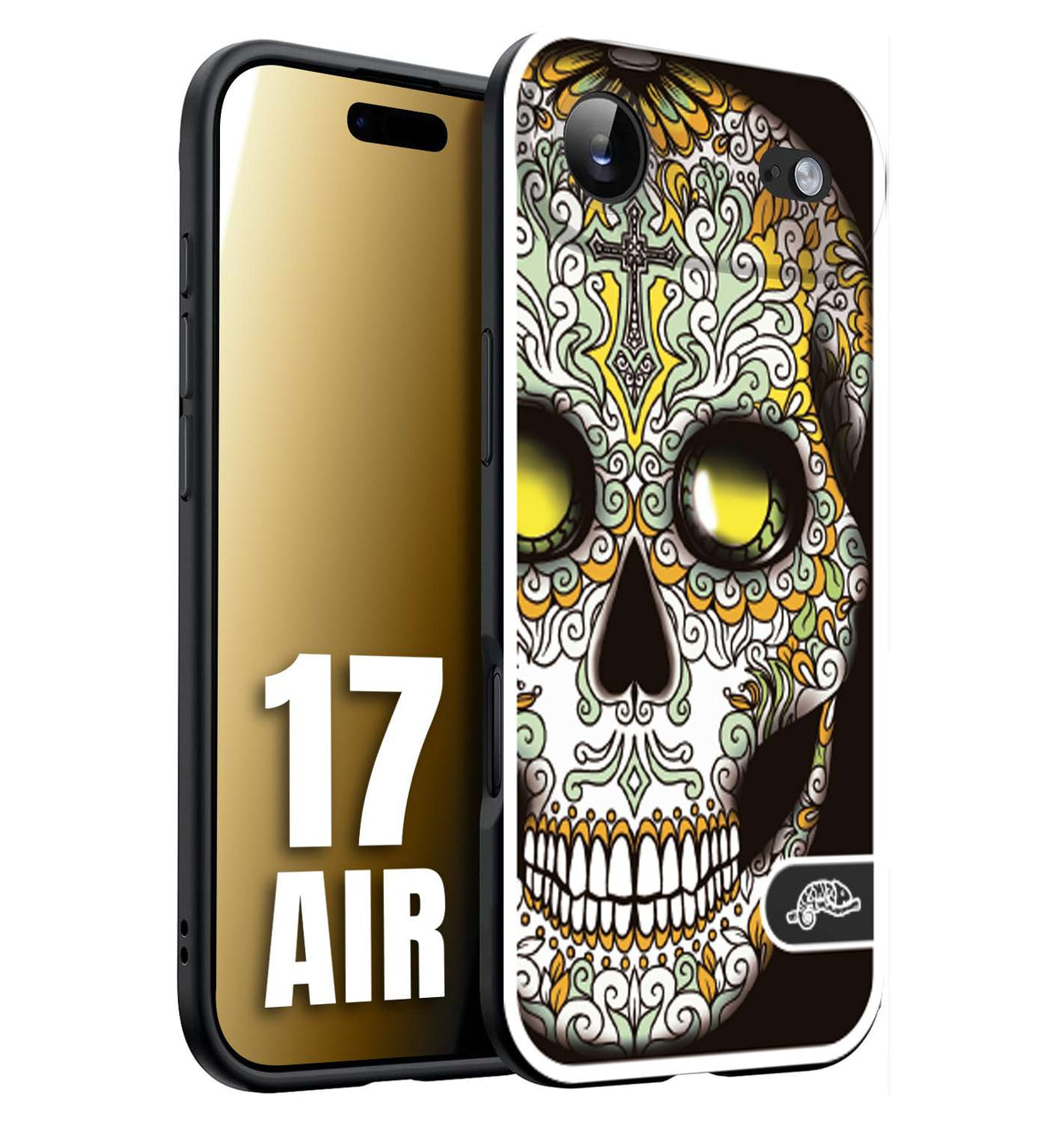 CUSTOMIZZA - Custodia cover nera morbida in tpu compatibile per iPhone 17 AIR teschio messicano Mexican skull bianco verde giallo