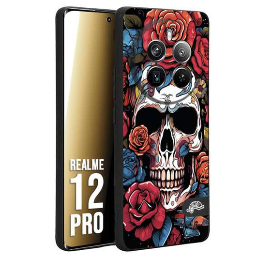 CUSTOMIZZA - Custodia cover nera morbida in tpu compatibile per Realme 12 PRO teschio skull flowers fiori rose rosse tattoo disegnato
