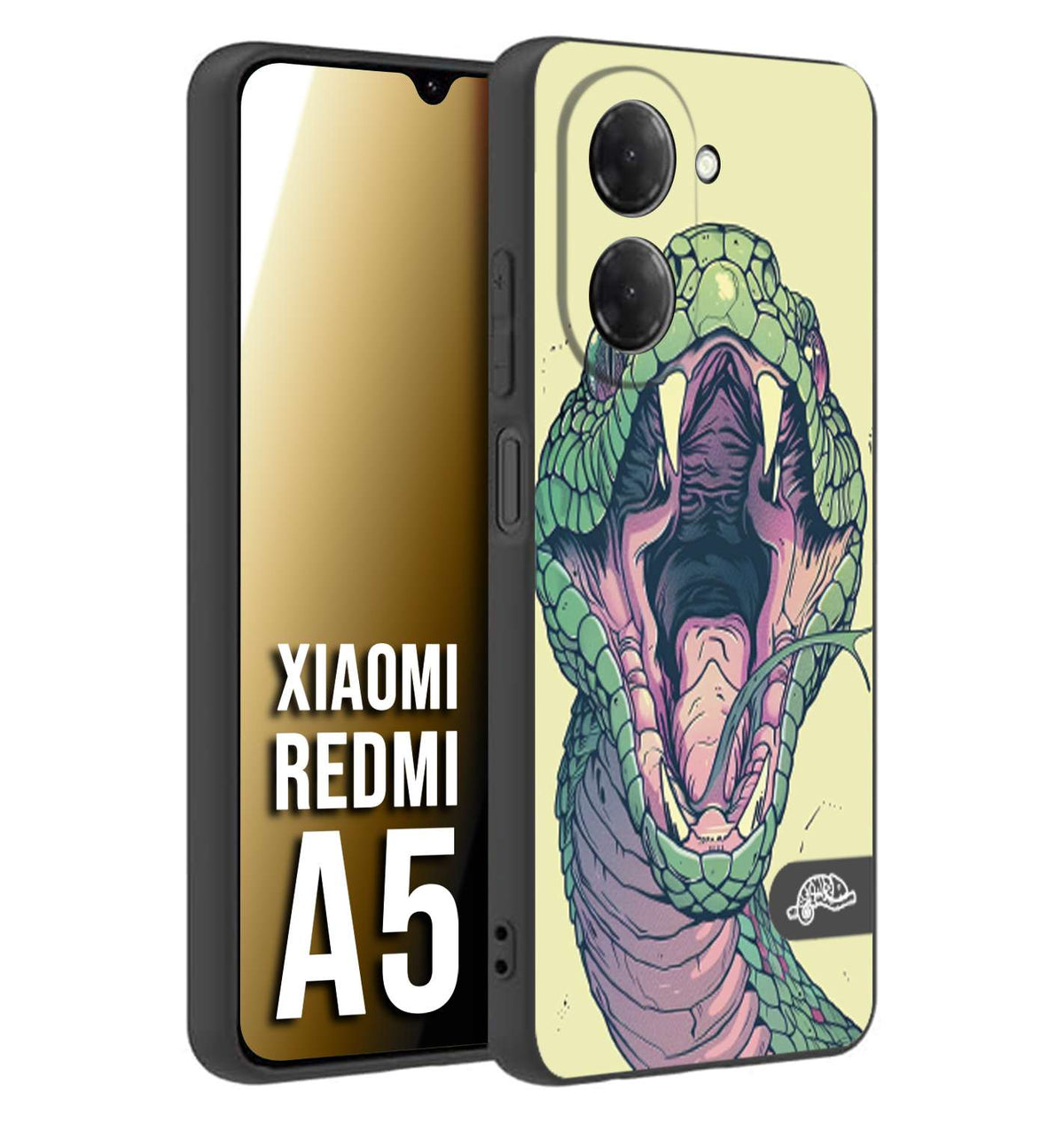 CUSTOMIZZA - Custodia cover nera morbida in tpu compatibile per Xiaomi Redmi A5 snake yellow green serpente tatuaggio tattoo disegnato a mano