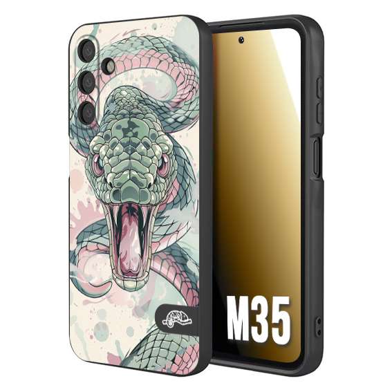 CUSTOMIZZA - Custodia cover nera morbida in tpu compatibile per Samsung M35 snake pink green serpente tatuaggio tattoo disegnato a mano