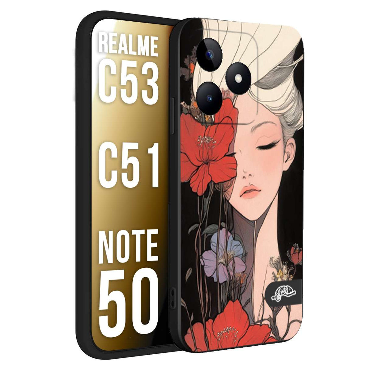 CUSTOMIZZA - Custodia cover nera morbida in tpu compatibile per Realme C53 - C51 - NOTE 50 woman flower Fantasia Floreale Design Donna e Fiori, Retro Artistico