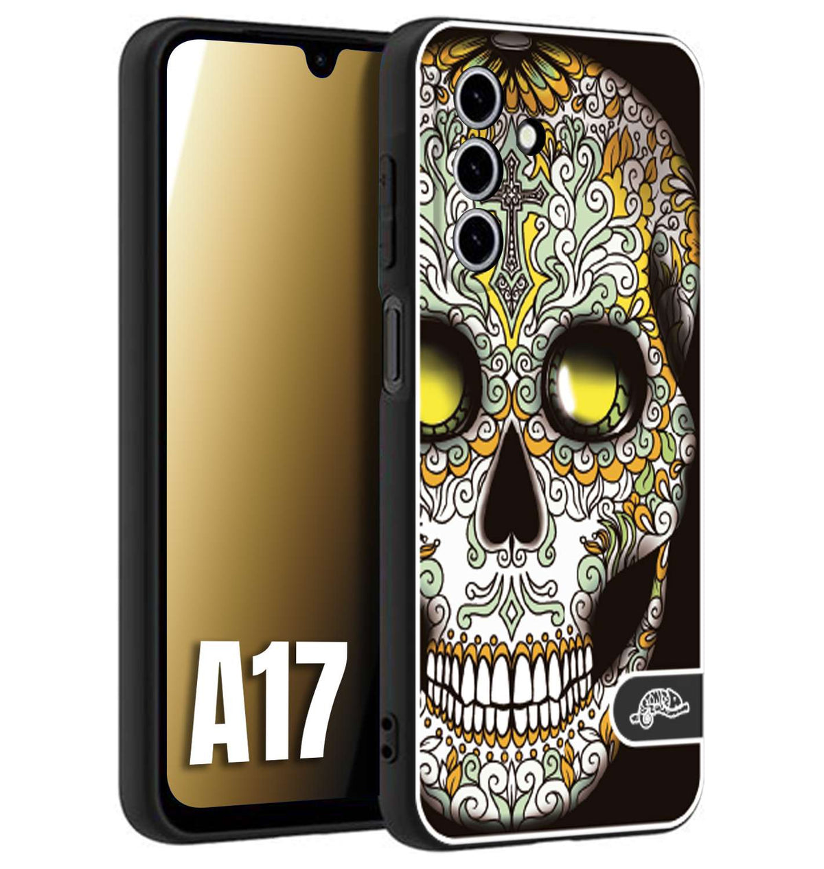 CUSTOMIZZA - Custodia cover nera morbida in tpu compatibile per Samsung A17 teschio messicano Mexican skull bianco verde giallo