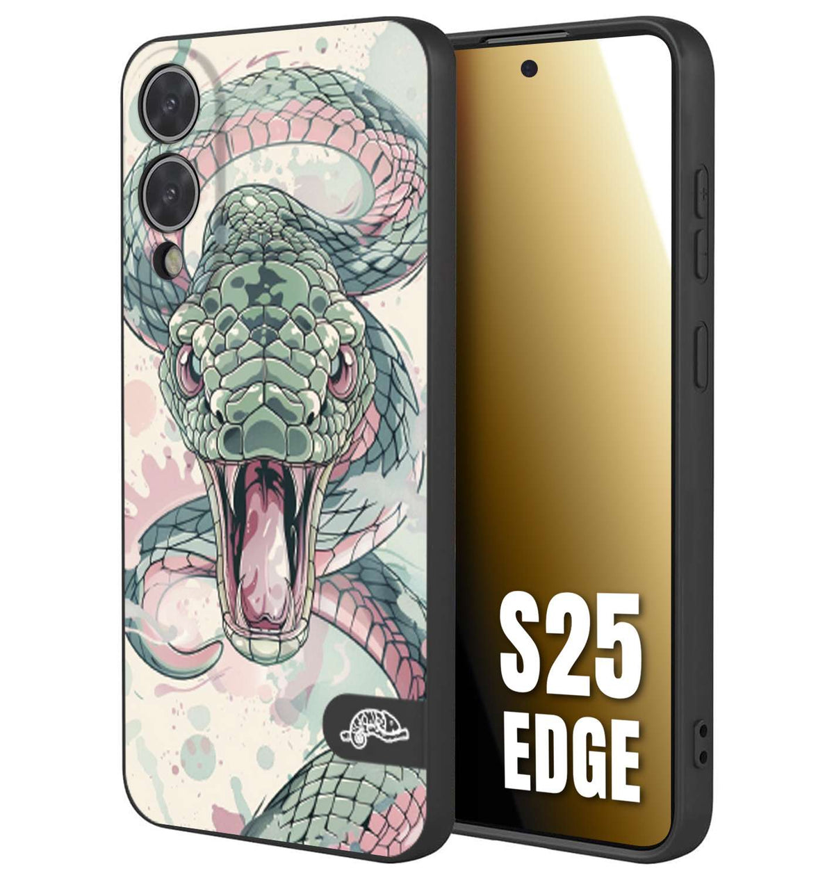 CUSTOMIZZA - Custodia cover nera morbida in tpu compatibile per Samsung S25 EDGE snake pink green serpente tatuaggio tattoo disegnato a mano