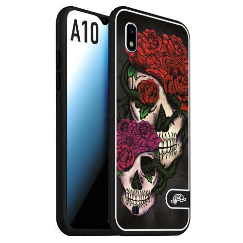CUSTOMIZZA - Custodia cover nera morbida in tpu compatibile per Samsung A10 teschi e rose rosse fucsia skull and roses