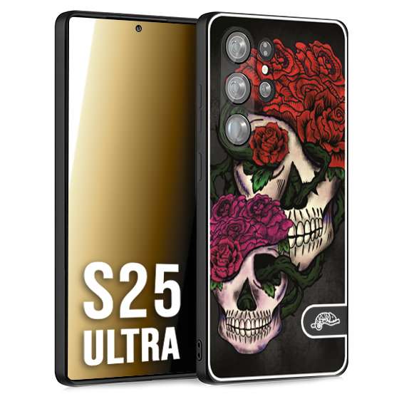CUSTOMIZZA - Custodia cover nera morbida in tpu compatibile per Samsung S25 ULTRA teschi e rose rosse fucsia skull and roses