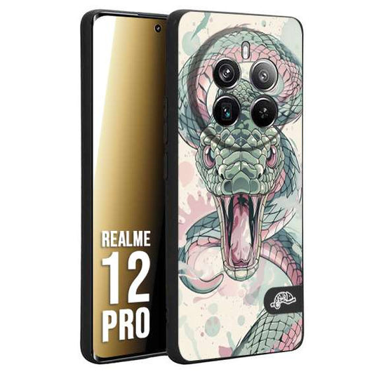 CUSTOMIZZA - Custodia cover nera morbida in tpu compatibile per Realme 12 PRO snake pink green serpente tatuaggio tattoo disegnato a mano