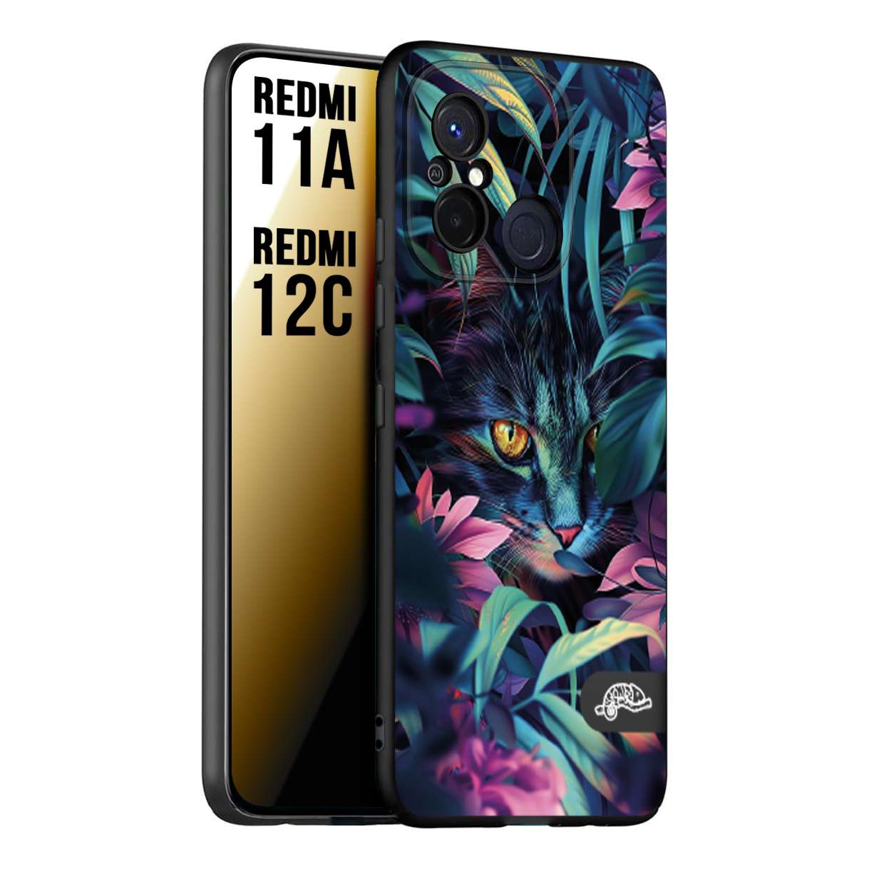 CUSTOMIZZA - Custodia cover nera morbida in tpu compatibile per Xiaomi Redmi 11A - 12C animali color giungla tropicale occhio di gatto colori vibranti disegnato