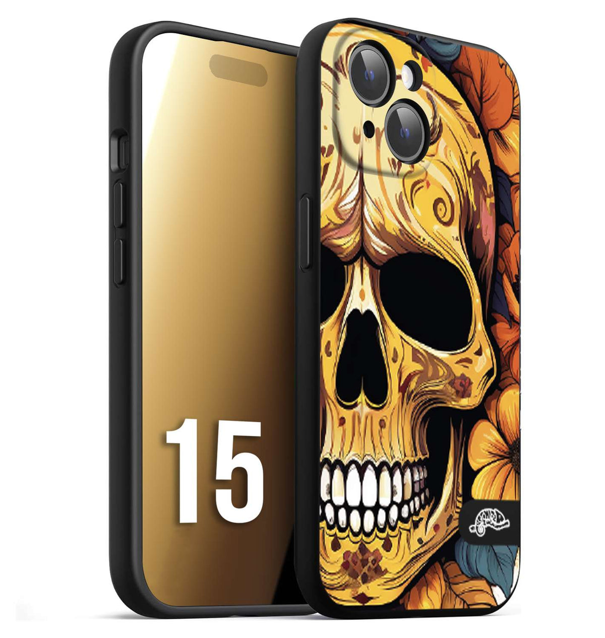 CUSTOMIZZA - Custodia cover nera morbida in tpu compatibile per iPhone 15 teschio messicano colorato dorato fiori autunnali disegnato