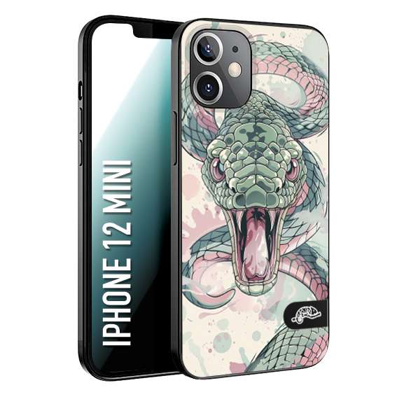 CUSTOMIZZA - Custodia cover nera morbida in tpu compatibile per iPhone 12 MINI snake pink green serpente tatuaggio tattoo disegnato a mano