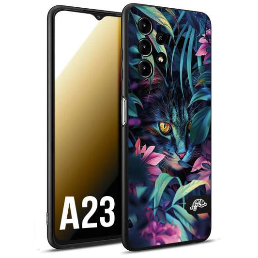 CUSTOMIZZA - Custodia cover nera morbida in tpu compatibile per Samsung A23 animali color giungla tropicale occhio di gatto colori vibranti disegnato