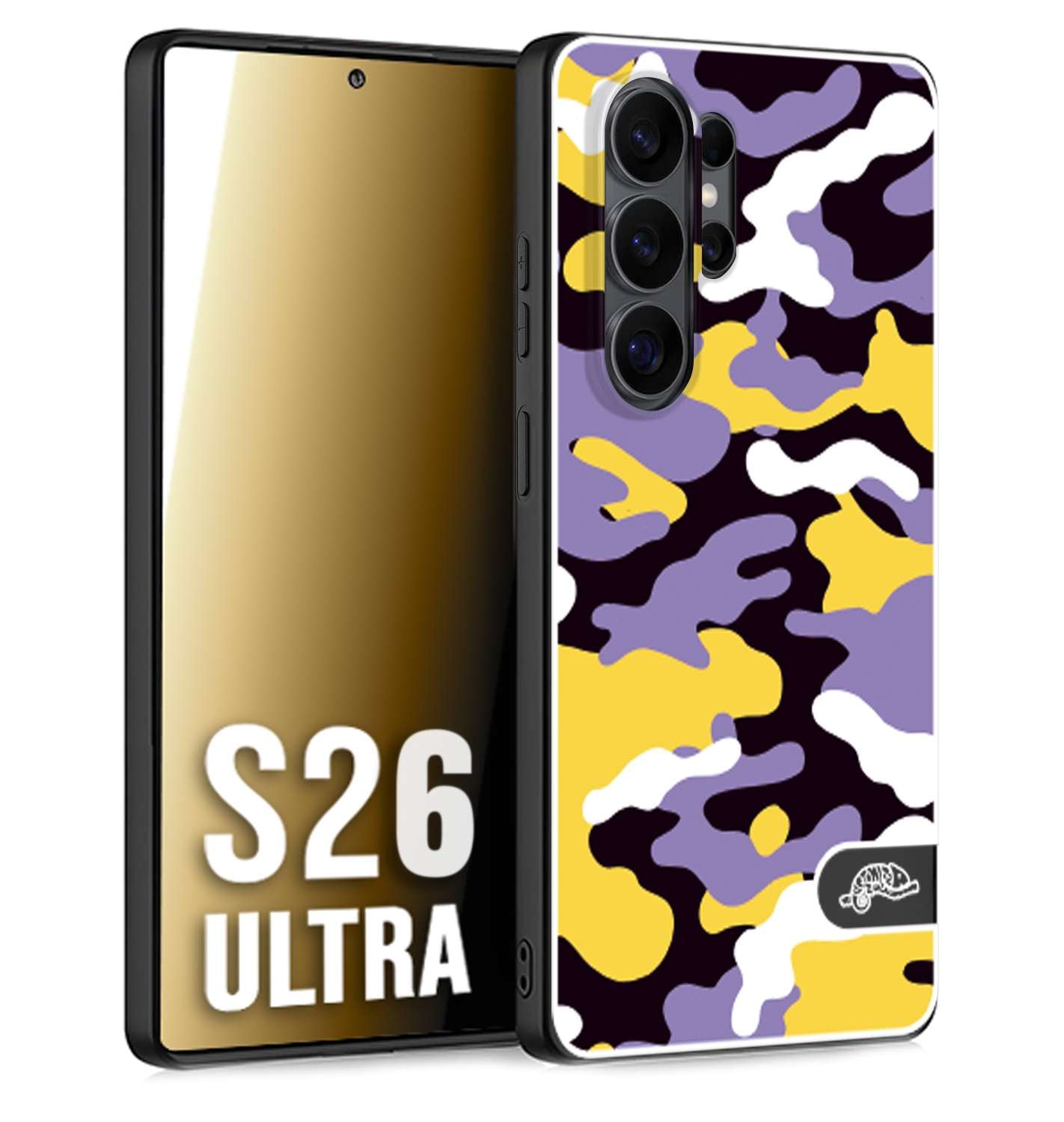 CUSTOMIZZA - Custodia cover nera morbida in tpu compatibile per Samsung S26 ULTRA camouflage mimetico militare viola lilla giallo
