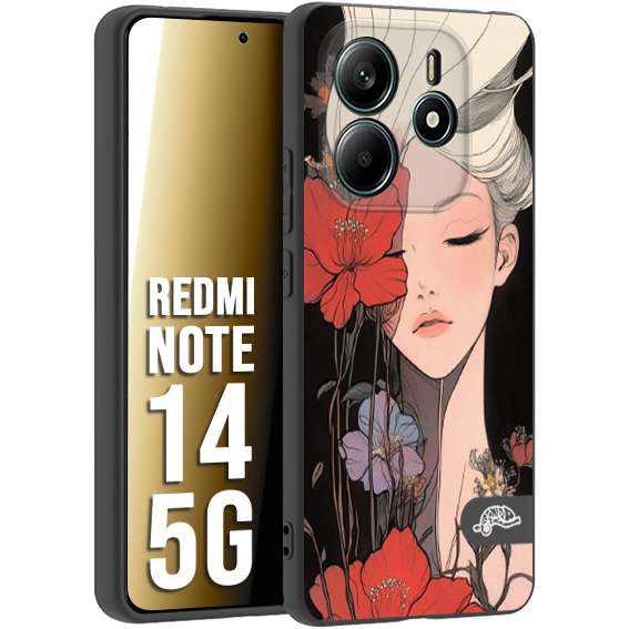 CUSTOMIZZA - Custodia cover nera morbida in tpu compatibile per Xiaomi Redmi Note 14 5G woman flower Fantasia Floreale Design Donna e Fiori, Retro Artistico