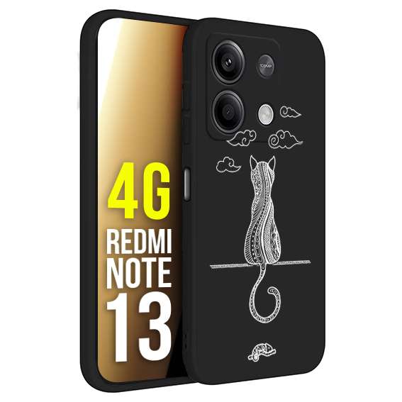 CUSTOMIZZA - Custodia cover nera morbida in tpu compatibile per Xiaomi Redmi Note 13 4G gatto mandala stilizzato gattino a rilievo soft touch donna bianca