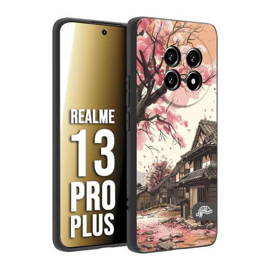 CUSTOMIZZA - Custodia cover nera morbida in tpu compatibile per Realme 13 PRO PLUS casa giapponese rosa ciliegio in fiore disegnata tattoo
