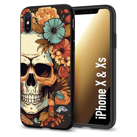 CUSTOMIZZA - Custodia cover nera morbida in tpu compatibile per iPhone X - Xs teschio skull flowers fiori autunnali arancio celeste tattoo