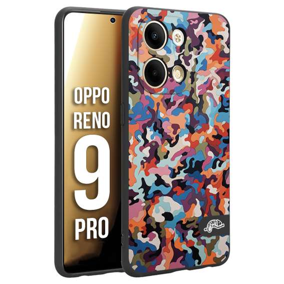CUSTOMIZZA - Custodia cover nera morbida in tpu compatibile per Oppo Reno 9 PRO camouflage mimetico militare moderno blu arancio rosa