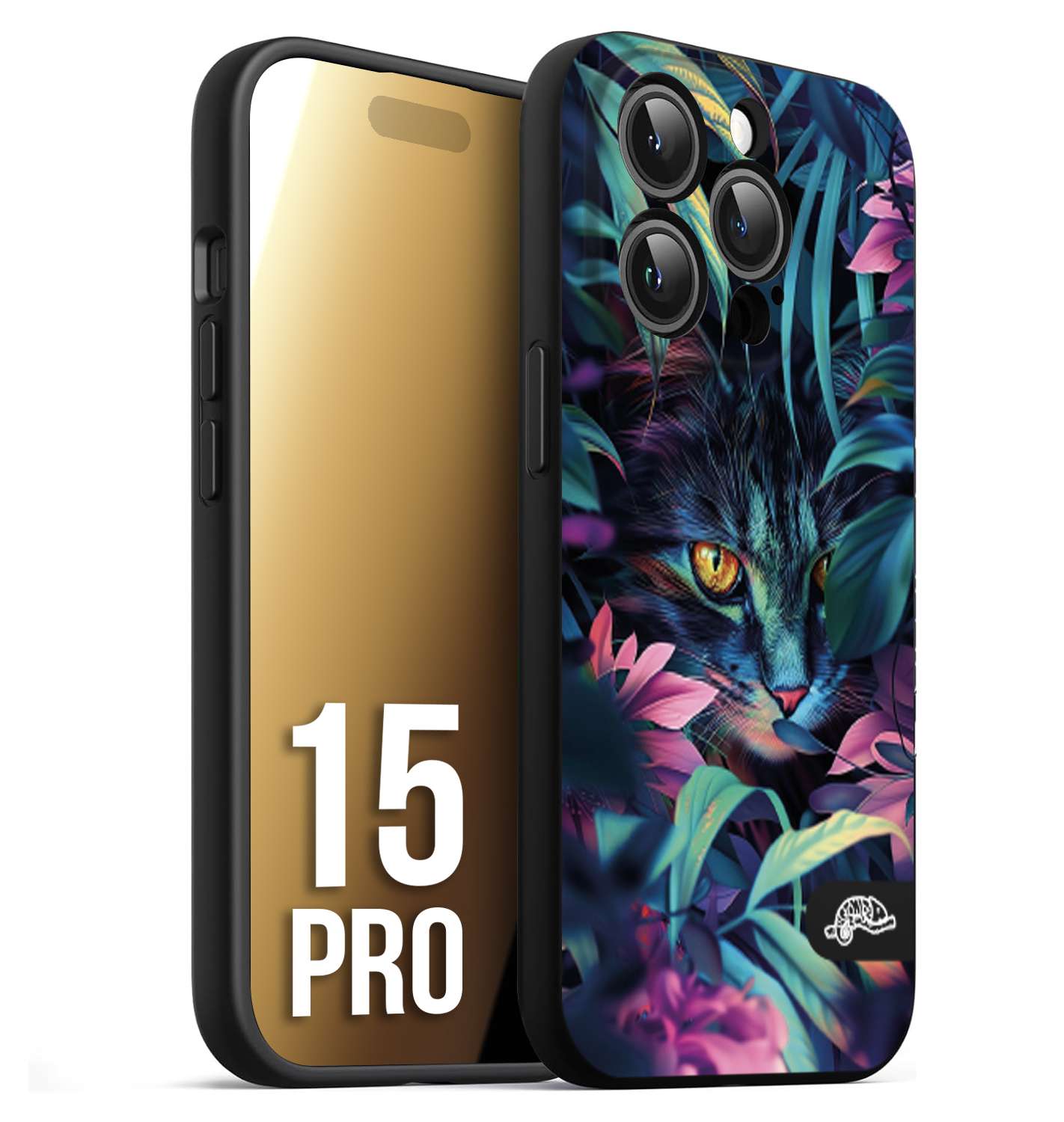 CUSTOMIZZA - Custodia cover nera morbida in tpu compatibile per iPhone 15 PRO animali color giungla tropicale occhio di gatto colori vibranti disegnato