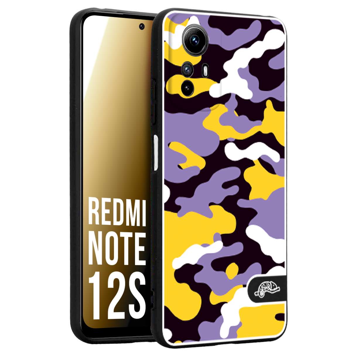 CUSTOMIZZA - Custodia cover nera morbida in tpu compatibile per Xiaomi Redmi Note 12S camouflage mimetico militare viola lilla giallo