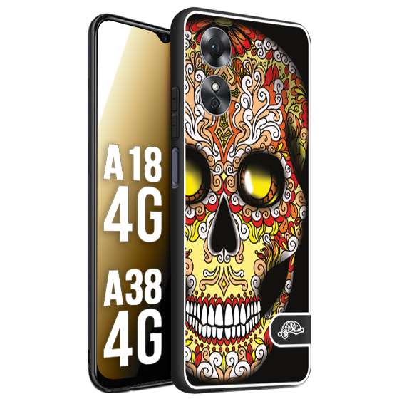 CUSTOMIZZA - Custodia cover nera morbida in tpu compatibile per Oppo A18 4G - A38 4G teschio messicano Mexican skull giallo rosso arancio