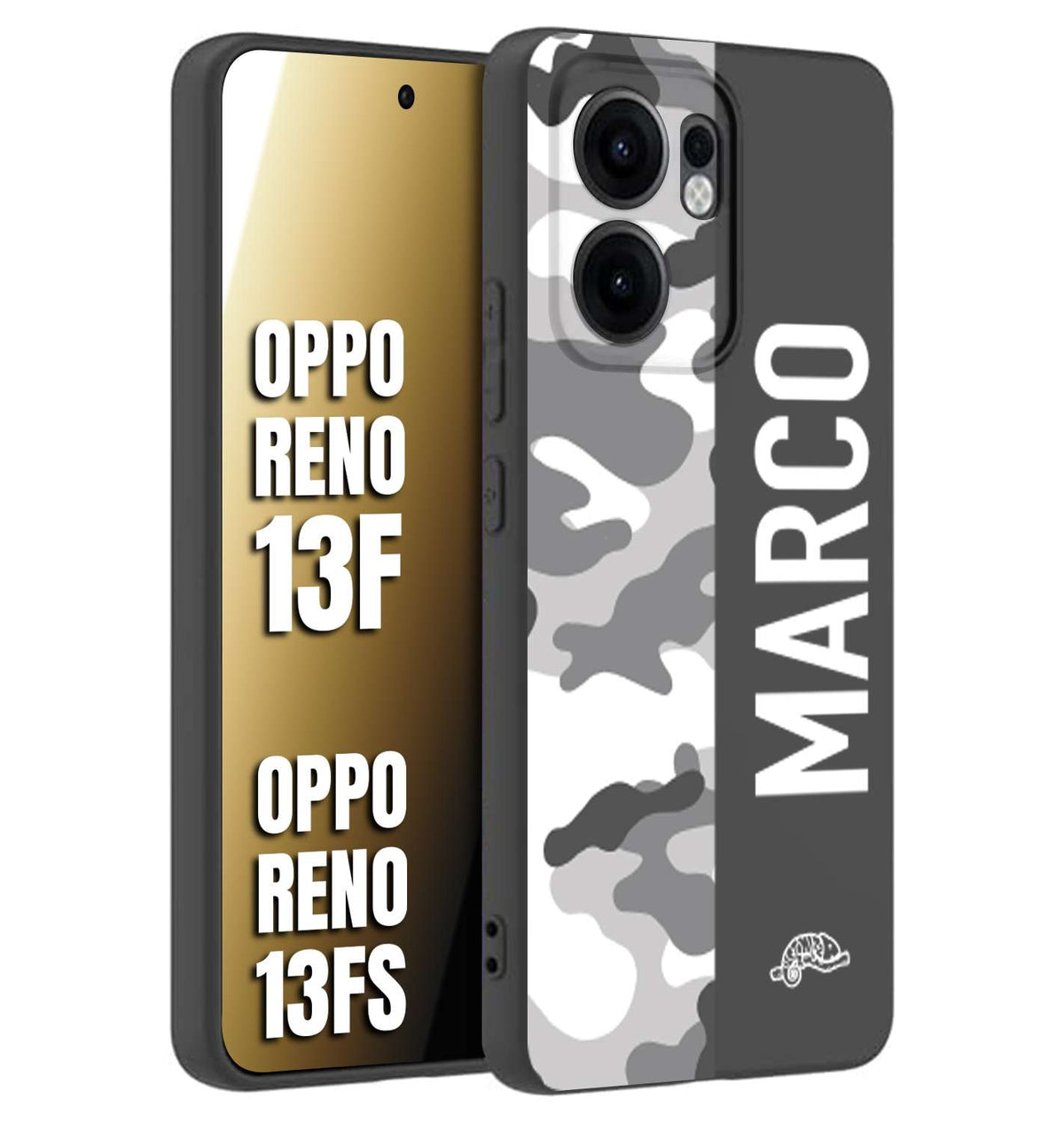 CUSTOMIZZA - Custodia cover nera morbida in tpu compatibile per Oppo Reno 13 F camouflage mimetico militare personalizzata nome bianco