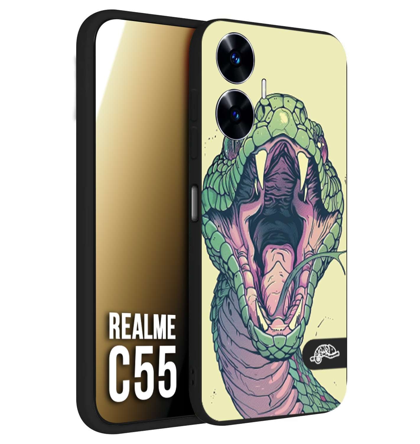 CUSTOMIZZA - Custodia cover nera morbida in tpu compatibile per Oppo C55 snake yellow green serpente tatuaggio tattoo disegnato a mano