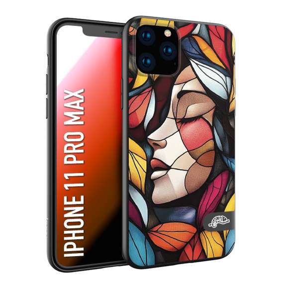 CUSTOMIZZA - Custodia cover nera morbida in tpu compatibile per iPhone 11 PRO MAX Vetrata artistica volto di donna profilo fogliare mosaico di vetro colorato