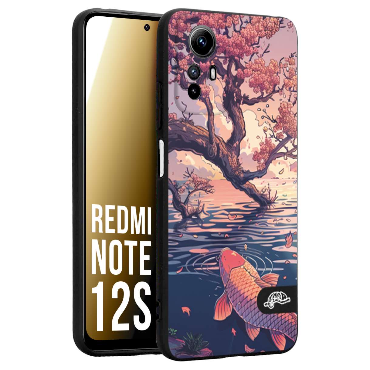 CUSTOMIZZA - Custodia cover nera morbida in tpu compatibile per Xiaomi Redmi Note 12S giapponese lago carpa koi rosa con foglie d'acero disegnata tattoo