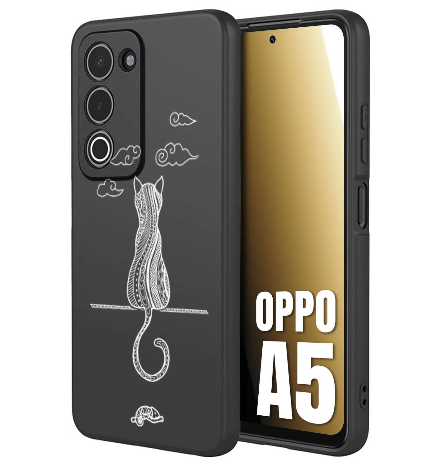 CUSTOMIZZA - Custodia cover nera morbida in tpu compatibile per Oppo A5 gatto mandala stilizzato gattino a rilievo soft touch donna bianca
