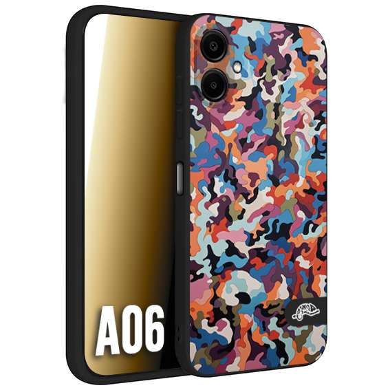 CUSTOMIZZA - Custodia cover nera morbida in tpu compatibile per Samsung A06 camouflage mimetico militare moderno blu arancio rosa