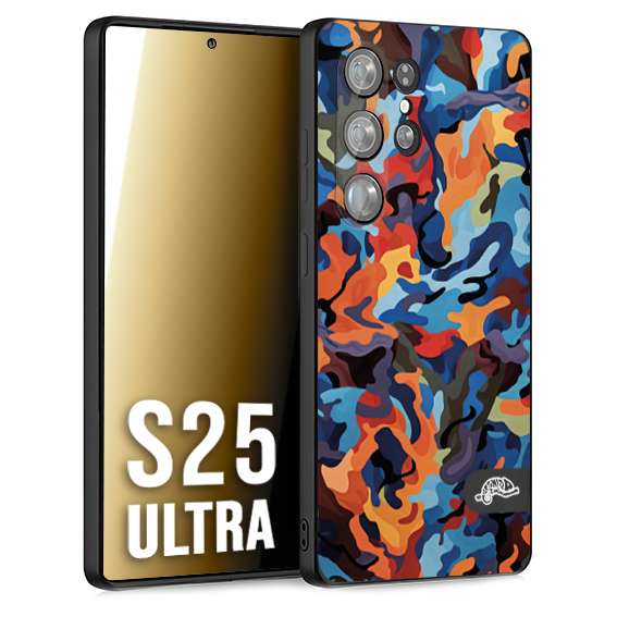CUSTOMIZZA - Custodia cover nera morbida in tpu compatibile per Samsung S25 ULTRA camouflage mimetico militare moderno blu arancio rosso