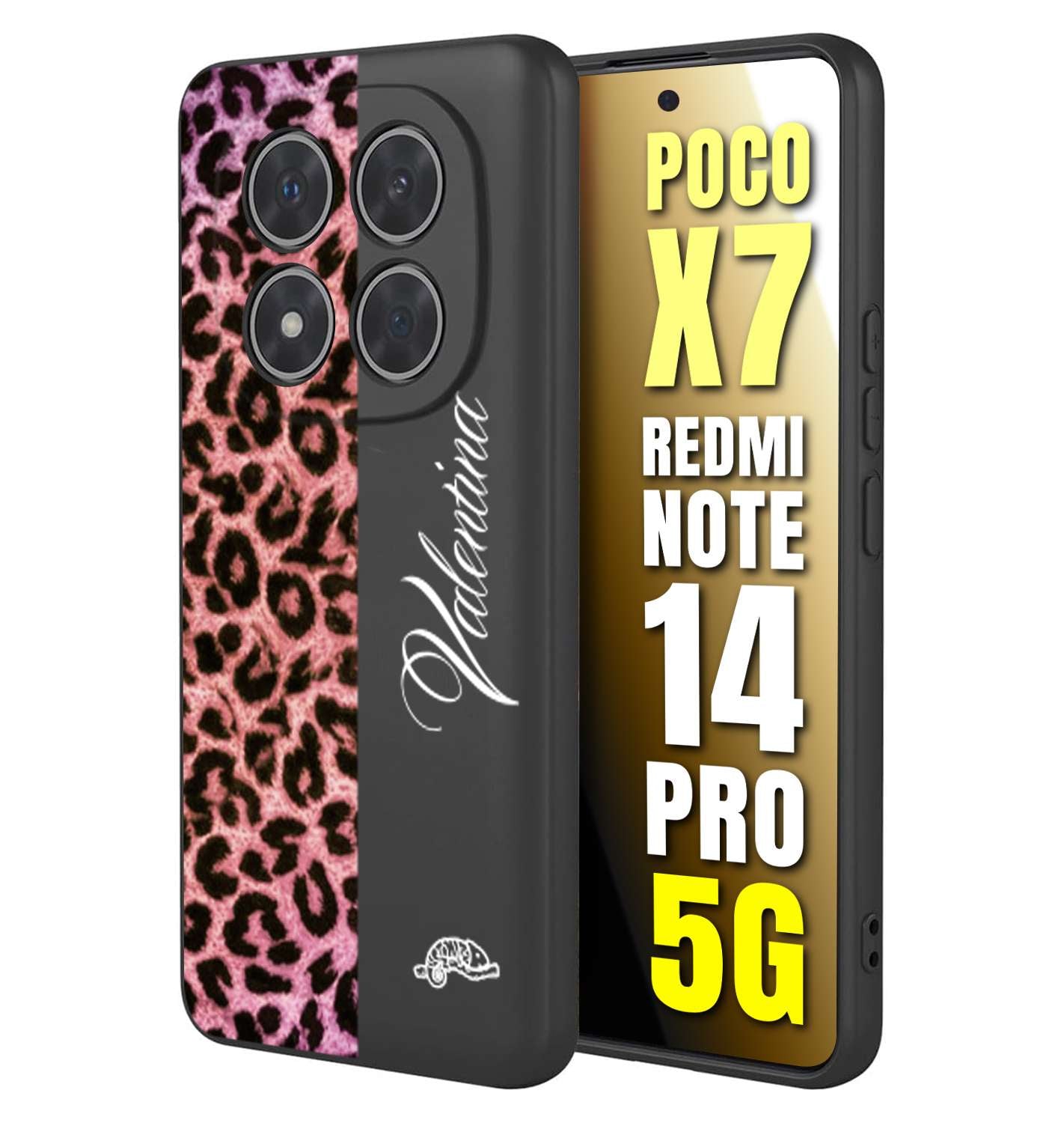 CUSTOMIZZA - Custodia cover nera morbida in tpu compatibile per Xiaomi Redmi Note 14 PRO 5G leopardato rosa fucsia personalizzata nome iniziali