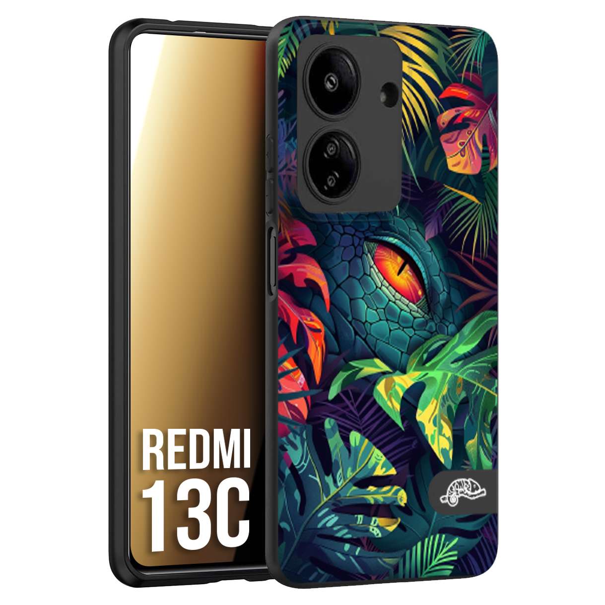 CUSTOMIZZA - Custodia cover nera morbida in tpu compatibile per Xiaomi Redmi 13C animali color giungla tropicale occhio di coccodrillo alligatore disegnato