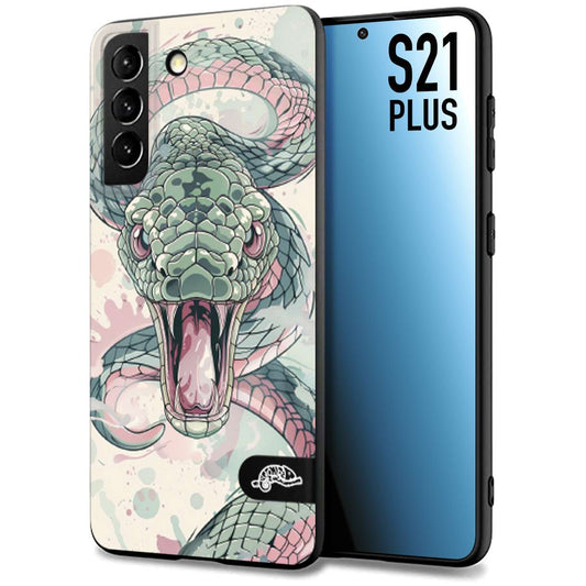 CUSTOMIZZA - Custodia cover nera morbida in tpu compatibile per Samsung S21 PLUS snake pink green serpente tatuaggio tattoo disegnato a mano