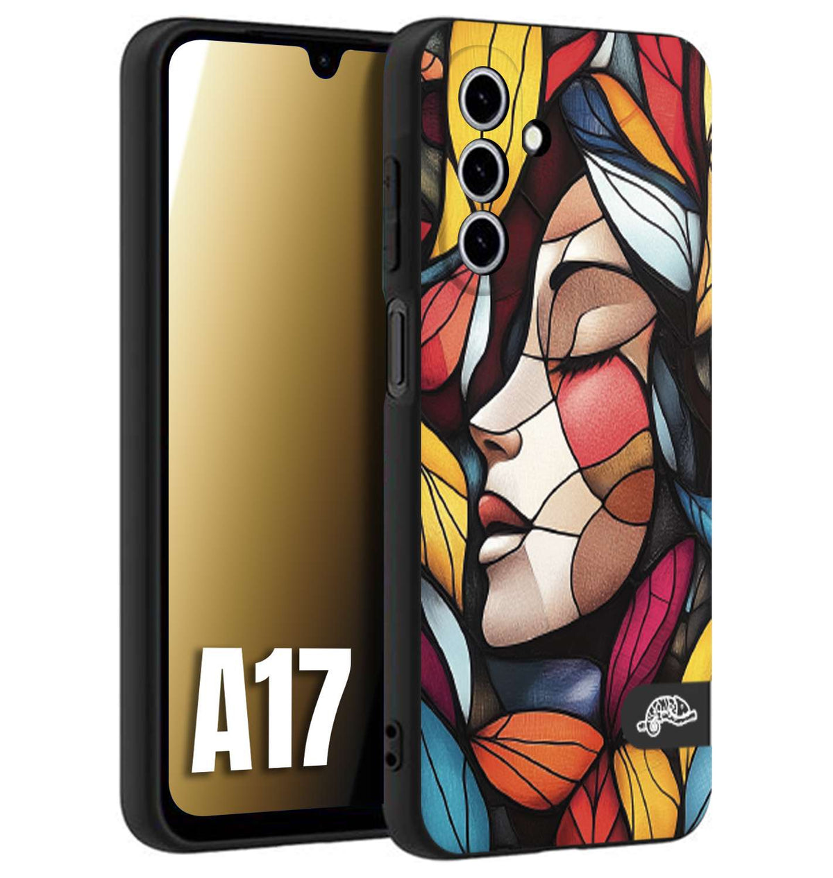 CUSTOMIZZA - Custodia cover nera morbida in tpu compatibile per Samsung A17 Vetrata artistica volto di donna profilo fogliare mosaico di vetro colorato