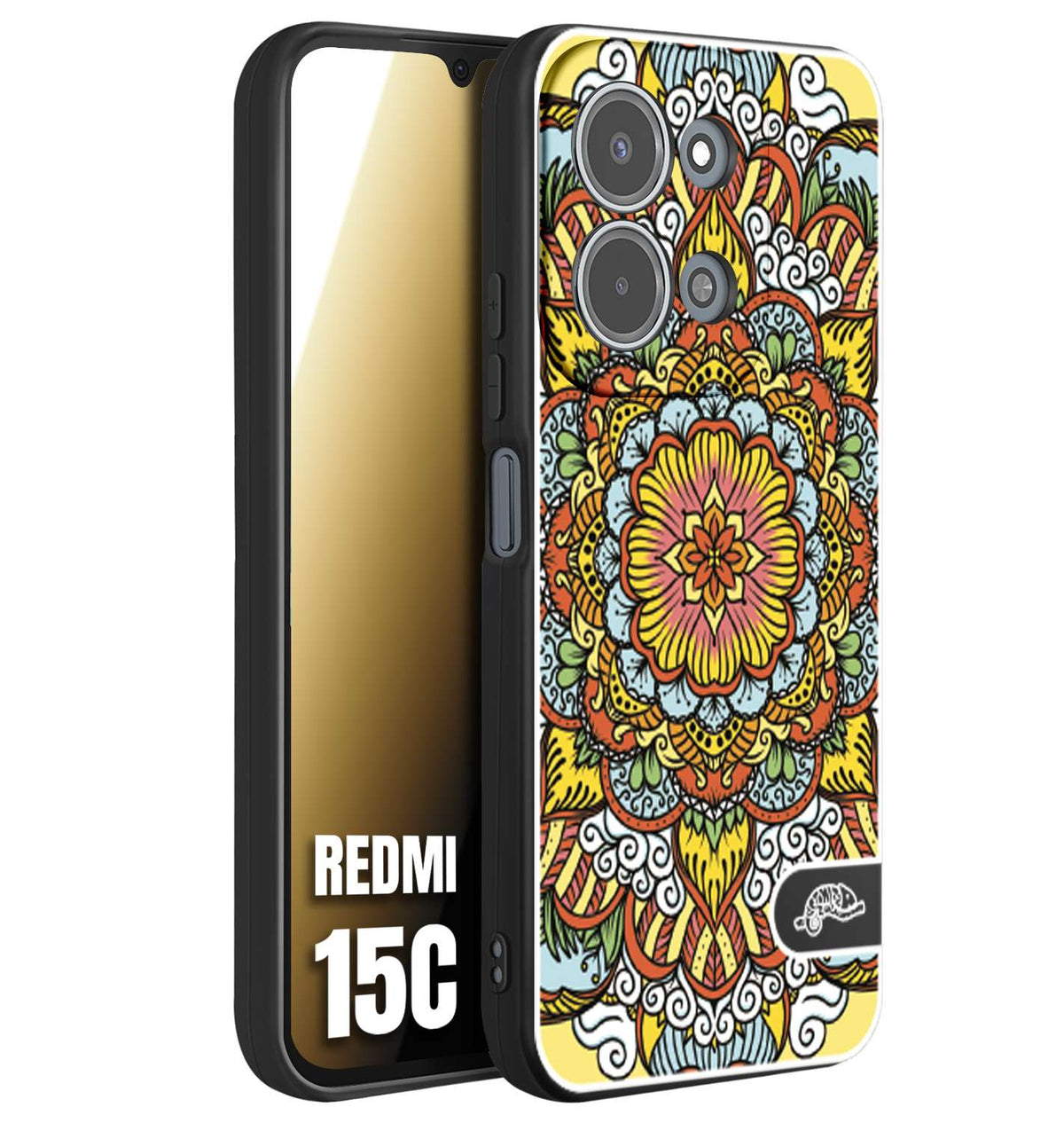 CUSTOMIZZA - Custodia cover nera morbida in tpu compatibile per Xiaomi Redmi 15C mandala colorato fiore nuvole arancione