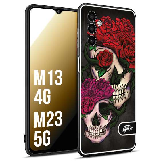 CUSTOMIZZA - Custodia cover nera morbida in tpu compatibile per Samsung M13 4G - M23 5G teschi e rose rosse fucsia skull and roses